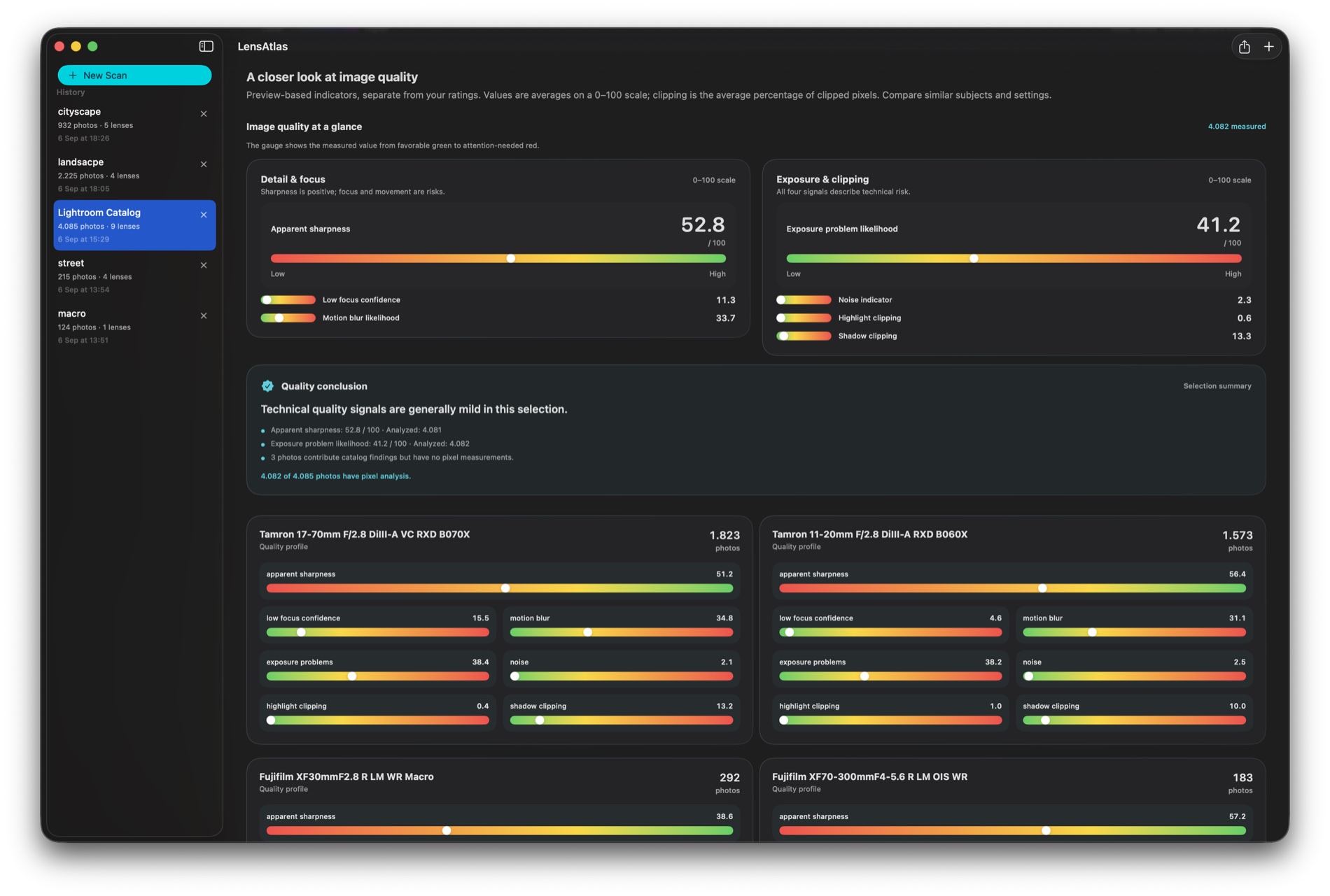 Image quality overview with gauges, a conclusion, and per-lens profiles